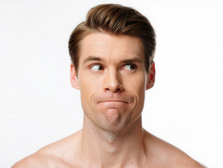 Obraz premium Portrait of a doubtful male with furrowed brow and side glance.