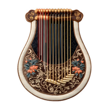 Antique Ornate Zither Musical Instrument with Floral Design and Strings