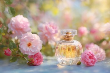 Luxurious perfume bottles surrounded by blooming spring flowers in soft pastel light, ideal for cosmetics branding, romantic campaigns, or elegant mockup presentations.