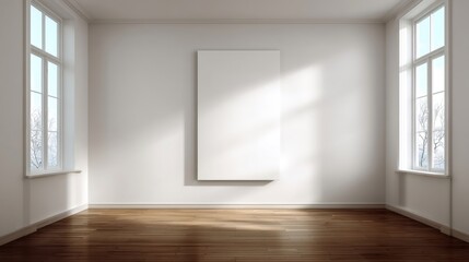 Fototapeta premium Empty room with blank canvas, sunlight, and windows showing winter landscape