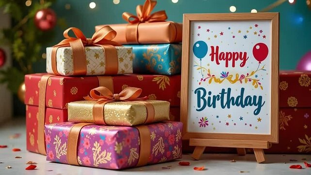 Happy birthday gifts present celebration party greeting card with balloons and bows