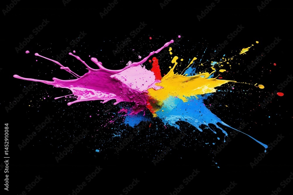 Poster vibrant explosion of colorful paint splashes against a stark black backdrop creating a dynamic and a