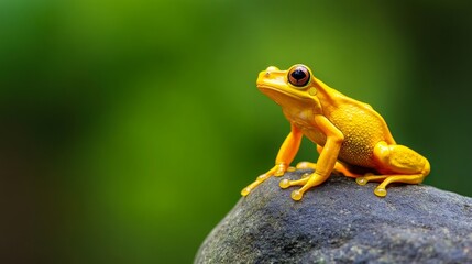 Golden Frog on Rock - Vibrant yellow frog perched on a dark grey rock, set against a blurred green background. A captivating nature