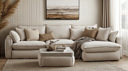 Fototapeta premium Light beige sectional sofa with matching coffee table in a minimalist living room