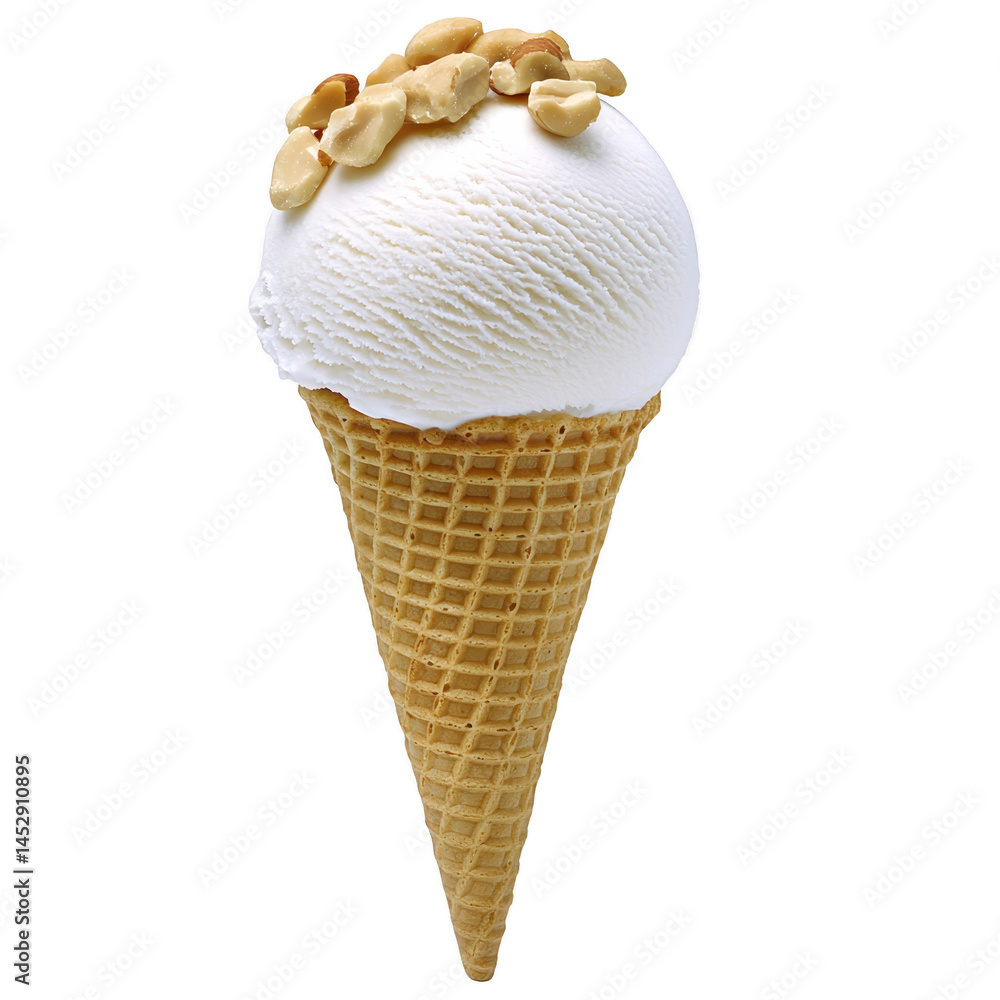 Poster scoop of vanilla ice cream topped with peanuts sits in waffle cone, creating delicious and inviting 