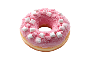Pink donut with marshmallows isolated on transparent background