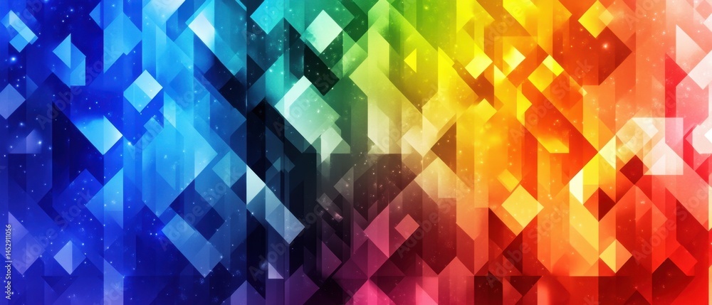 Poster vibrant geometric mosaic with spectrum gradient and scattered starlight creating a modern abstract b