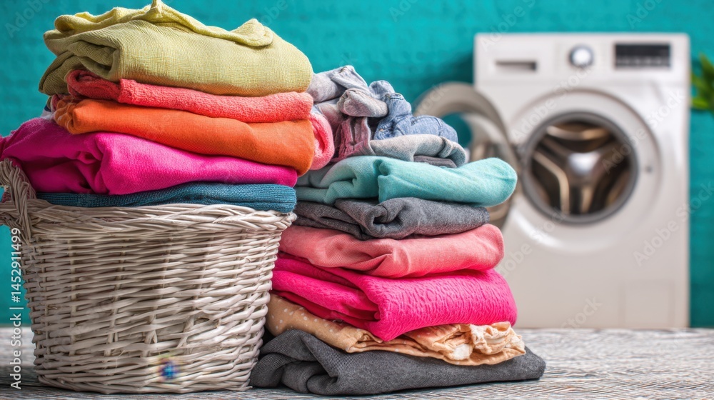 Poster colorful laundry folded neatly in a wicker basket with a washing machine in the background creating 