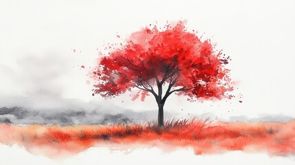 Solitary Crimson Tree Autumn Watercolor Landscape - A single red tree stands in an autumnal field, symbolizing resilience, solitude, the beauty of change, the cycle of life, and serene nature