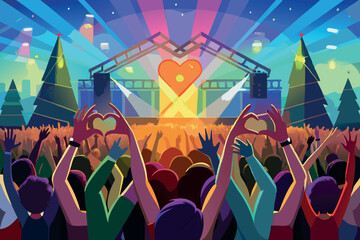 crowd silhouette with hands forming heart shape, vivid lights and stage setup in background