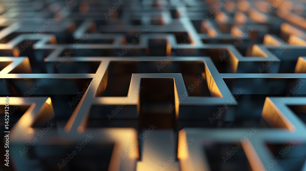 Poster close-up perspective view of a complex metallic maze or labyrinth structure with reflections. repres