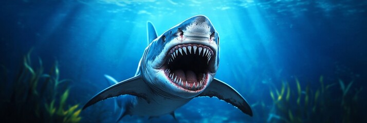 Great White Shark Underwater - A powerful great white shark swims in the ocean depths, its jaws open wide. Ocean wildlife, predator