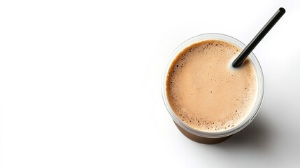 Top-view of a plastic cup with frothy brown liquid and black straw.