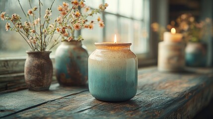 Tranquil scene with lit candle and vases of flowers on rustic wooden table by window