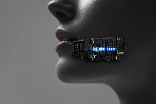 A futuristic depiction of a person with a circuit board instead of a mouth, illuminated by a blue light.