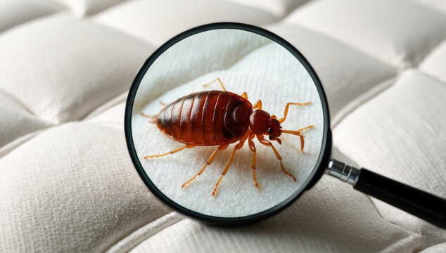 A single bed bug is visible on the surface of a mattress.