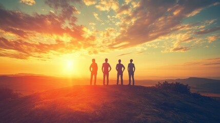 Fototapeta premium Four silhouettes watching sunset on hilltop golden sky dramatic landscape