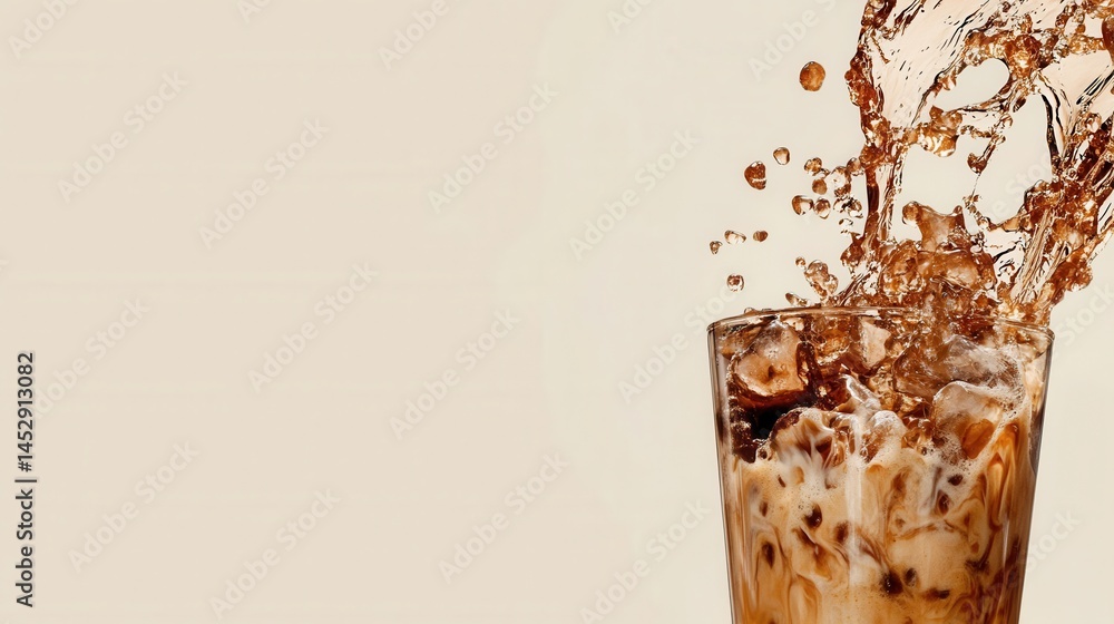 Poster refreshing iced coffee splash with ice cubes in a glass against a neutral background creating a dyna