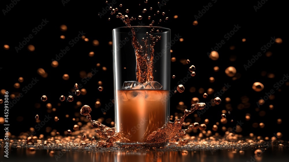 Poster refreshing iced beverage with dynamic splash in glass against a dark background creating a captivati