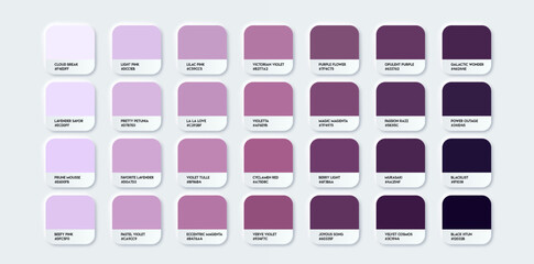 Purple Color Guide Palette with Color Names. Catalog Purple Samples with RGB HEX codes and Names. Vector EPS 10