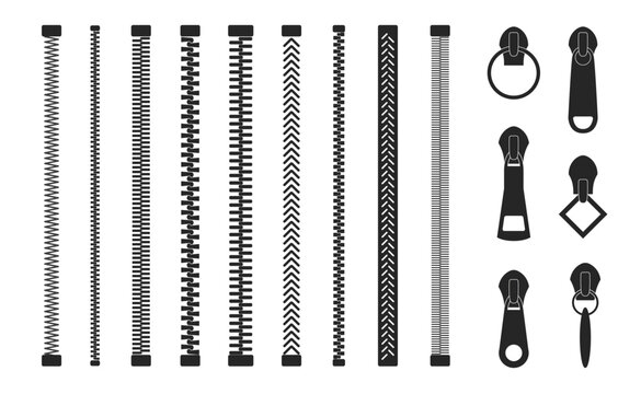Zipper sign set silhouette. Zipper pattern collection.  Different zippers brush elements, fasteners patterns. Vector illustration