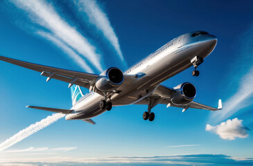 Obraz premium Modern airliner, silver stylish. Curved wings, tapered fuselage. Perfect for travel, aviation and transportation concepts.