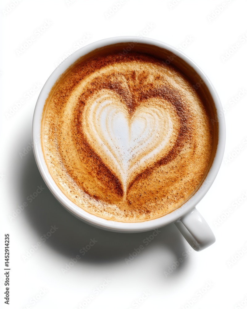 Poster top view of cappuccino with heart shaped latte art in white cup on white background creating a warm 