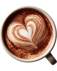 Top view of a creamy cappuccino with a heart shaped latte art design in a ceramic cup against white background expressing love and warmth in a cozy morning
