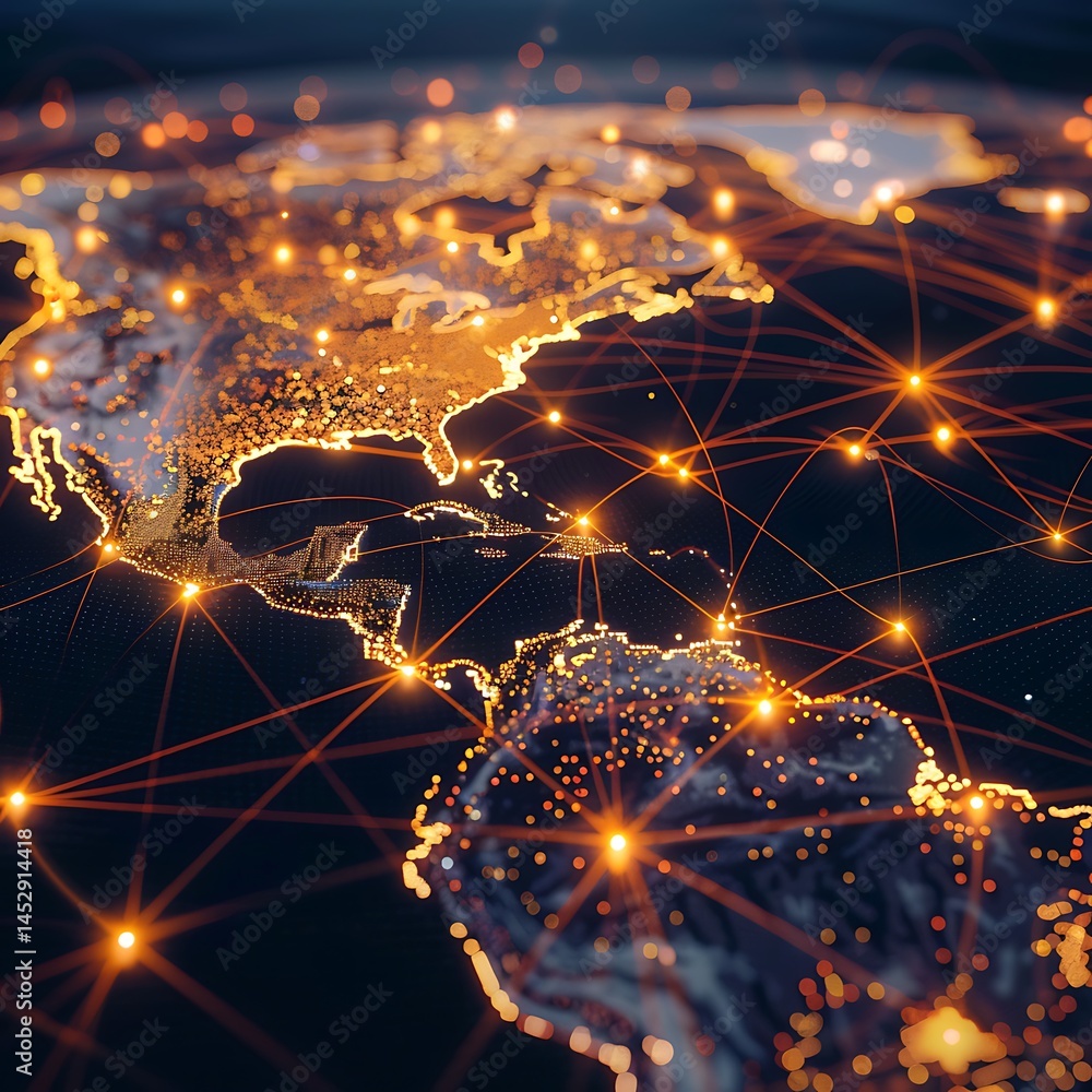 Poster global network visualization showing glowing connections between illuminated cities across north and