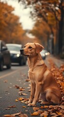 Dog sitting on leaf-covered road with autumn trees and passing cars.