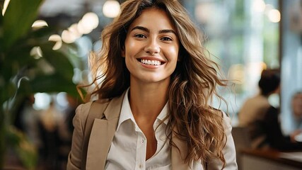 Smiling Young Woman with Long Hair in Casual Business Setting at Modern Café Interior