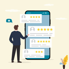 Feedback and review. Male character giving positive feedback in mobile application. Feedback in helpdesk service. Rating scale and customer satisfaction concept.