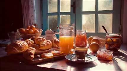 A charming breakfast table set with croissants, juice, coffee, and jam in the morning.