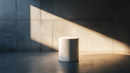 Sunlit White Cylinder on Concrete with Minimalist Product Display.