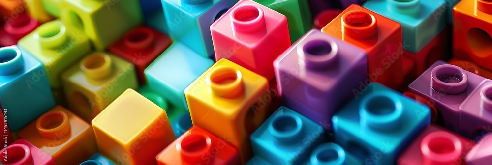 Aufkleber close-up view of colorful interlocking plastic toy building blocks stacked together. represents crea