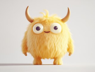 Fototapeta premium Adorable yellow fluffy monster with horns and big eyes standing on a white background in a cute style rendering a whimsical and playful mood for kids