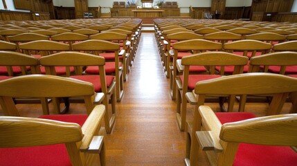 Empty wooden chairs arranged in rows within a large hall.