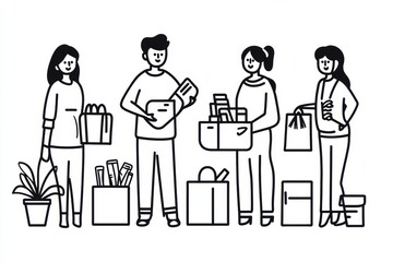 Volunteers assemble supplies for community support in an elegant minimalist line art style with a focus on teamwork and collaboration
