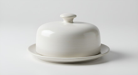 Fototapeta premium Ceramic butter dish with lid, in soft white glaze on clean white backdrop