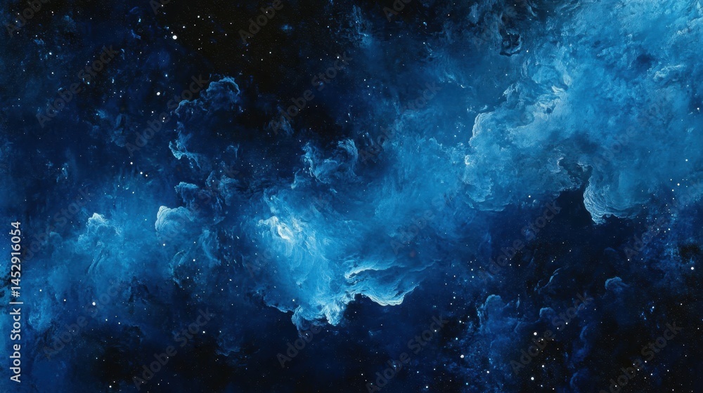 Poster ethereal cosmic nebula in deep space with swirling blue clouds and distant stars creating a celestia