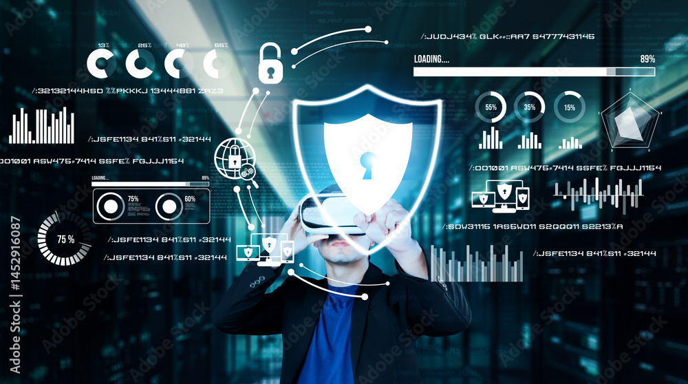 Poster business man pointing at security system hologram and standing at data center. skilled project manag