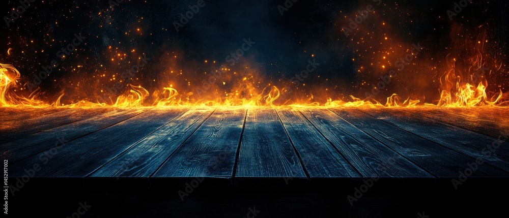Poster fiery backdrop with wooden stage floor showcasing dramatic flames and sparks creating an intense atm