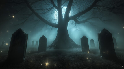 Obraz premium A graveyard emerges from the darkness as a full moon casts eerie light on crumbling tombstones. The gnarled tree stands tall, its branches reaching out into the moonlit sky