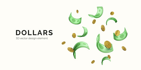 Money Flying in the Air with 3D Cartoon Style Dollar Bills and Coins. Fun Finance Concept for Wealth, Earnings, or Jackpot Themes. Isolated on Light Background. Vector