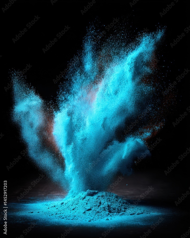 Poster captivating explosion of vibrant blue powder against a stark black backdrop creating dynamic movemen