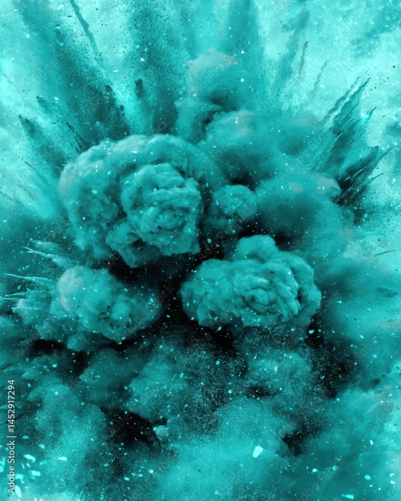 Poster captivating teal powder explosion against a dark backdrop creating a dynamic and abstract compositio