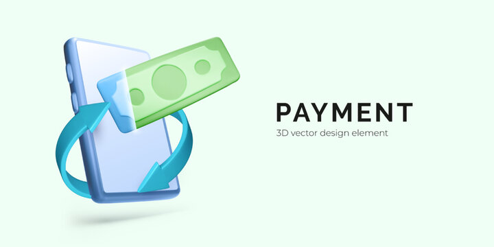 Mobile Payment with Smartphone and Dollar Bill in 3D Cartoon Style, Perfect for Online Banking, Finance, and Digital Transactions Concepts. Vector