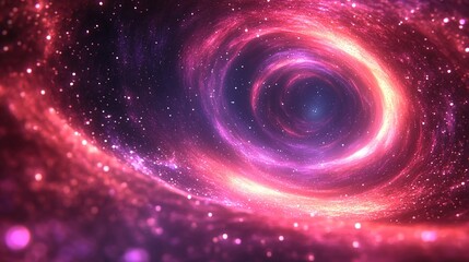 Spiral galaxy in pink, red, and purple hues with stars in cosmic darkness.