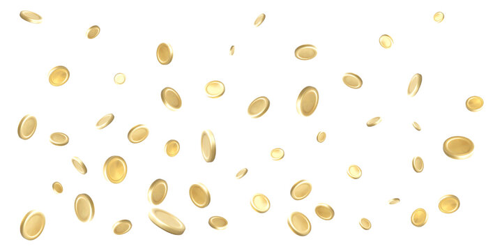 Falling Gold Coins with Glossy 3D Effect on White Background, Ideal for Wealth, Rewards, Finance, and Crypto Concepts. High-Quality Vector