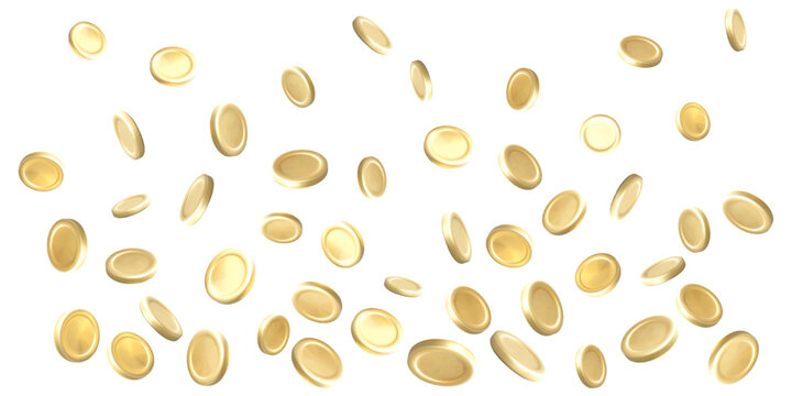 Golden Coins Falling in Mid-Air with Realistic 3D Shine, Perfect for Finance, Luck, Game Rewards, and Wealth Concepts. Vector